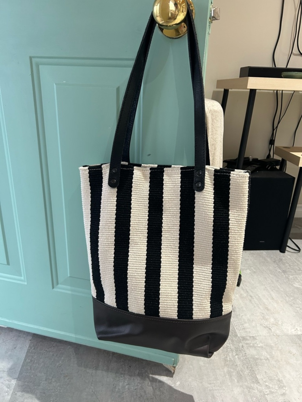 Black & White Striped Tote with Black Leather Base